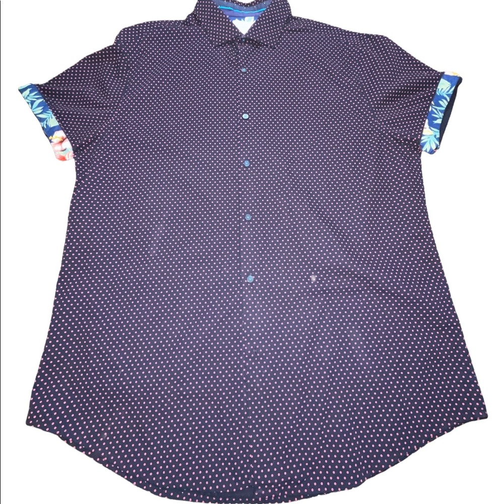Denim & Flower button down short sleeve shirt‎ navy, pink and floral sz l…